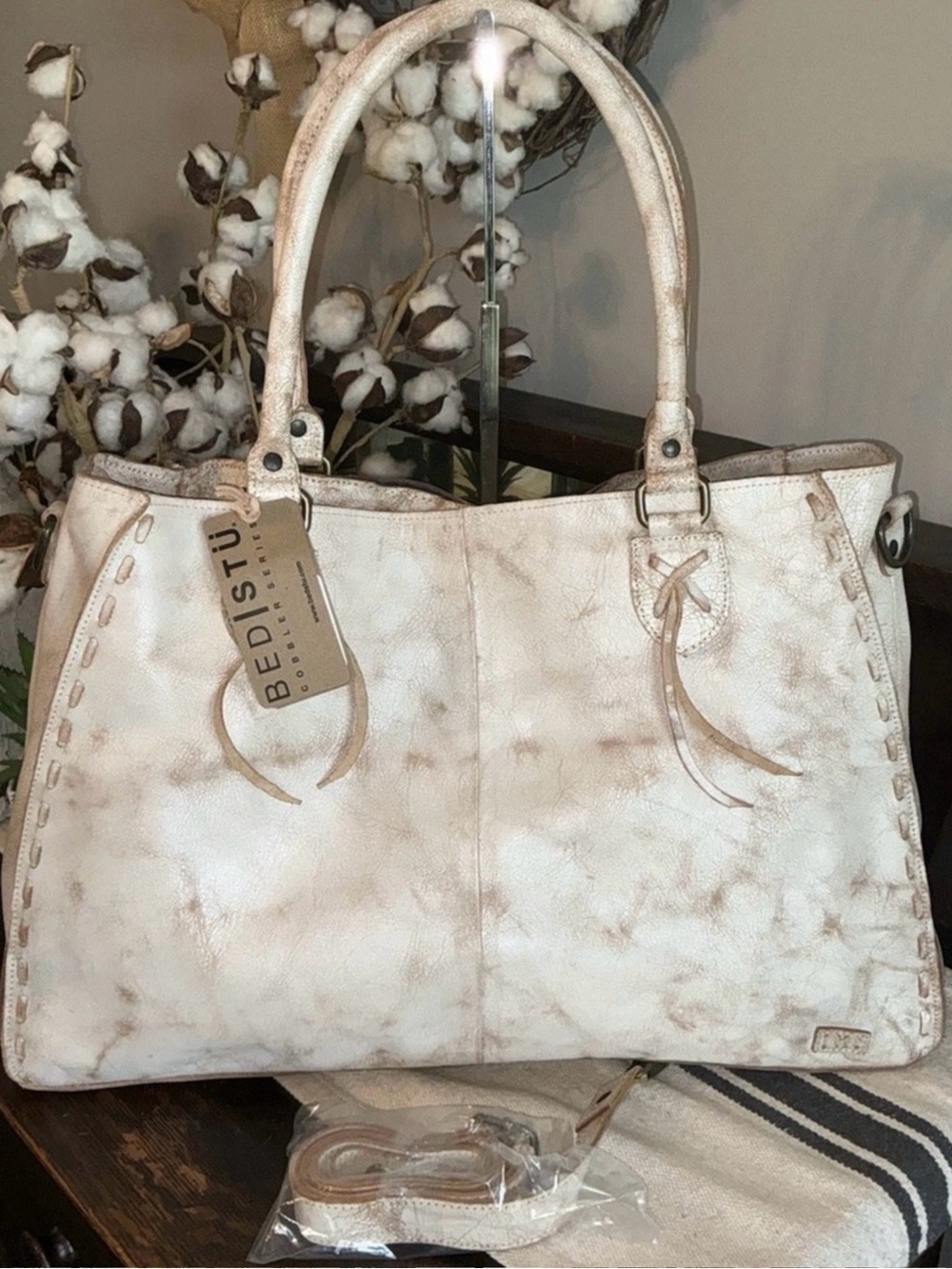 BED|STU Rockaway  Cream & Tan Tie-Dye Leather Tote with Top Handles